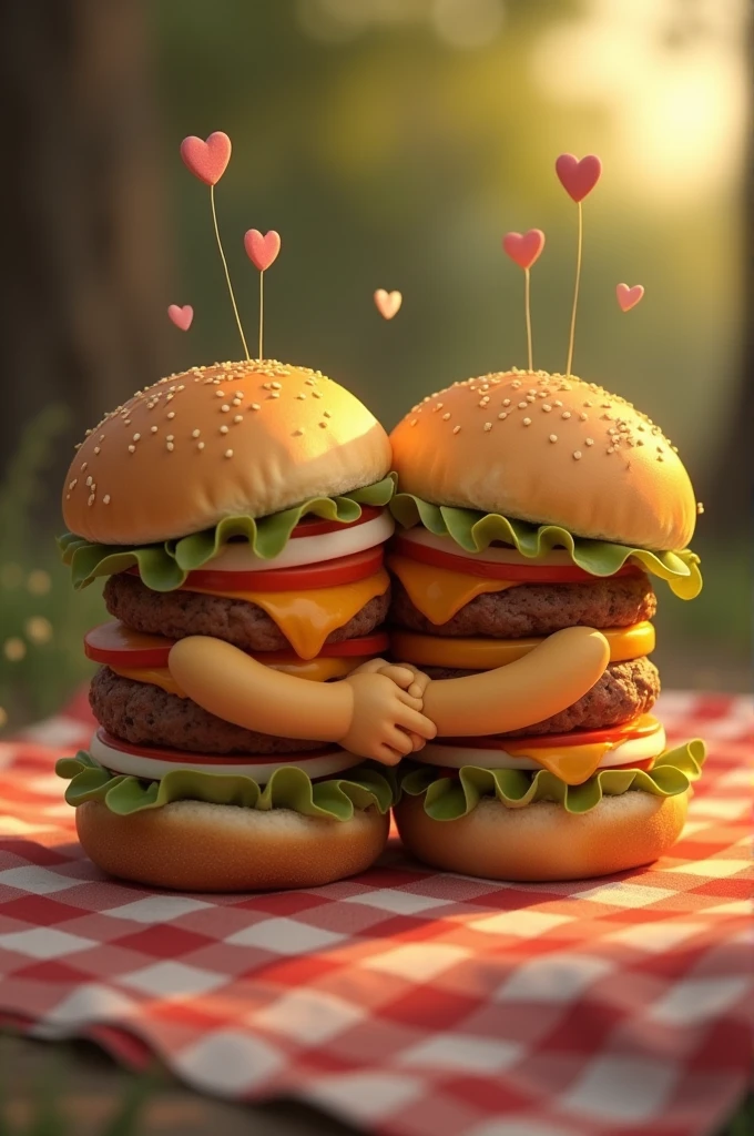 Tender burger, holding hands with another burger