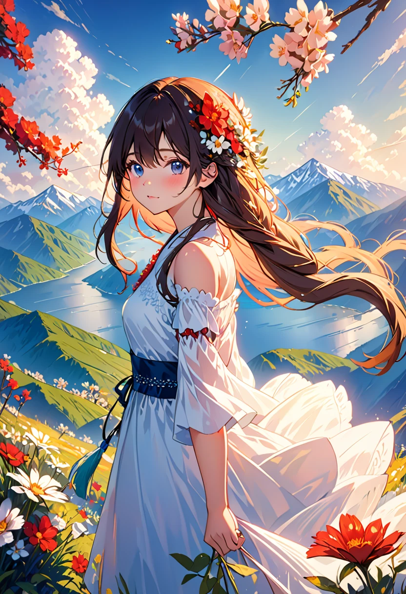 1girl, solo, long hair, blush, flowers in hair, looking at viewer, bare shoulders, outdoors, mountains, clouds, vibrant colors, illustration, soft lighting, super detailed, high resolution, HD