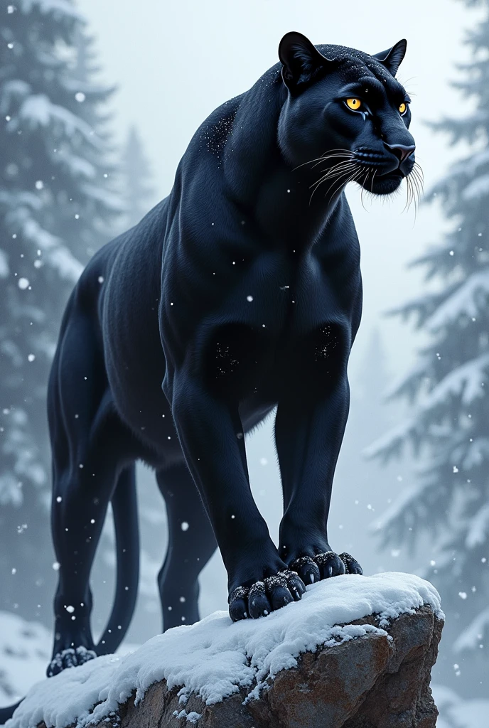 Black panther on maintain with snow fall 
