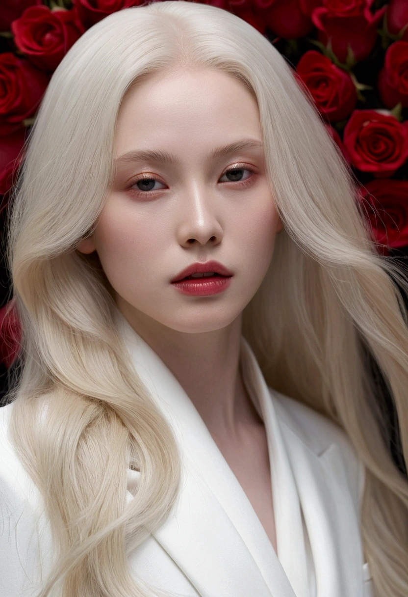 masterpiece, best quality, Nearly perfect, (Perfect face:1.1), (High Detail:1.1), dramatic, (1 person), Pale skin, (纯白色的Long hair:1.4), White eyes, Otto Seppalainen, Solitary, Long hair, White luxury suit, Cover the navel, Snob, Albinism, Luminous Studio graphics engine, Pursed lips, Devil magician, Volumetric Lighting, Delicate eyes, (8k wallpaper masterpiece), Ultra Detailed, Complex details, Pixel Perfect, Rose, Fashion, One side, Looking at the audience, Balenciaga style
