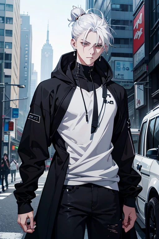 Anime man gradient young white hair short shaved sides flip hair bun to left side in middle serious face with black earrings black sweatshirt speed jeans futuristic clothes black dark circles big black hair big brown hair extremely futuristic clothes futuristic clothes skinny sweatshirt black jeans male cloak that covers the shoulders