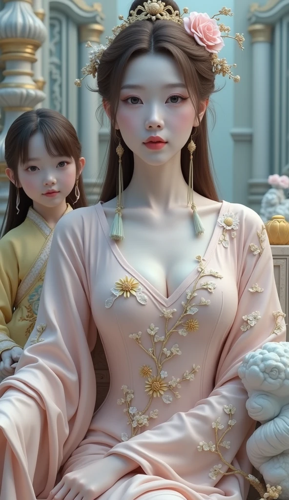 there is a woman that is sitting down with a yellow dress, a marble sculpture inspired by Wang Yuanqi, trending on cg society, rococo, palace ， a girl in hanfu, hanfu, elf long weaving brown hair