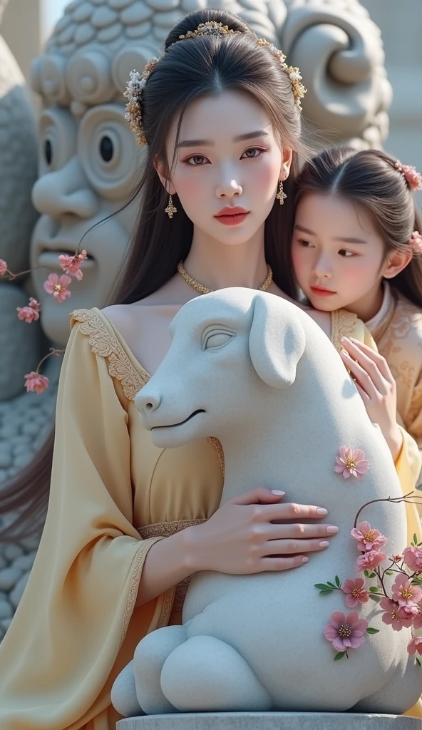 there is a woman that is sitting down with a yellow dress, a marble sculpture inspired by Wang Yuanqi, trending on cg society, rococo, palace ， a girl in hanfu, hanfu, elf long weaving brown hair