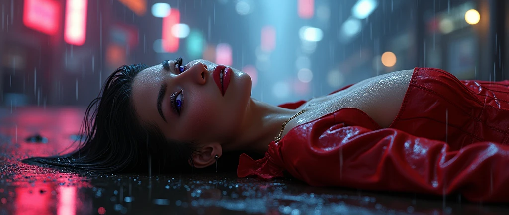 A naked girl with purple eyes in red torn suit and wet body and laying down in cyberpunk city and rainy weather and watching me with smile