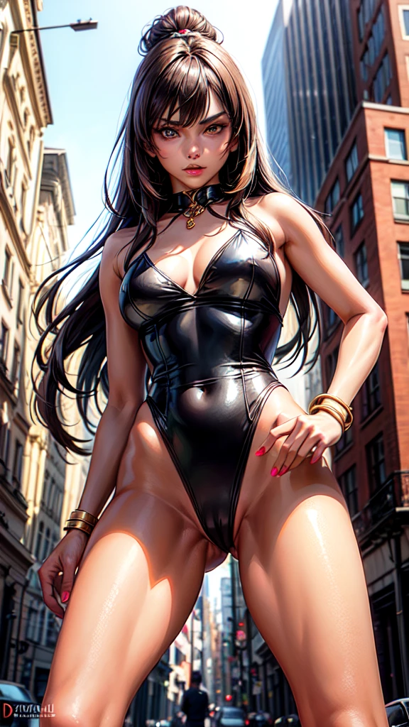A beautiful gorgeous 2 brunette hair fashion model woman in the city berlin , wearing a silk orange Leotard, oiled body, oiled Leotard, photo realistic, perfect skin. cool sullen gaze in her eyes, perfect detailed lips slightly open, looking down the viewer, high heels, straps, luxurious jewellery and outfit