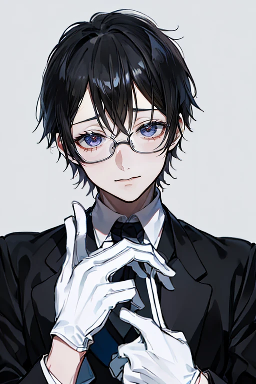 (Mastepiece)、(Best Quality)、Very detailed、((One man:1.5))、Perfect Face、Beautiful Face、Very detailedな顔、(Black Hair:1.3)、Black butler uniform、Glasses、(White gloves:1.3)、Smiling face