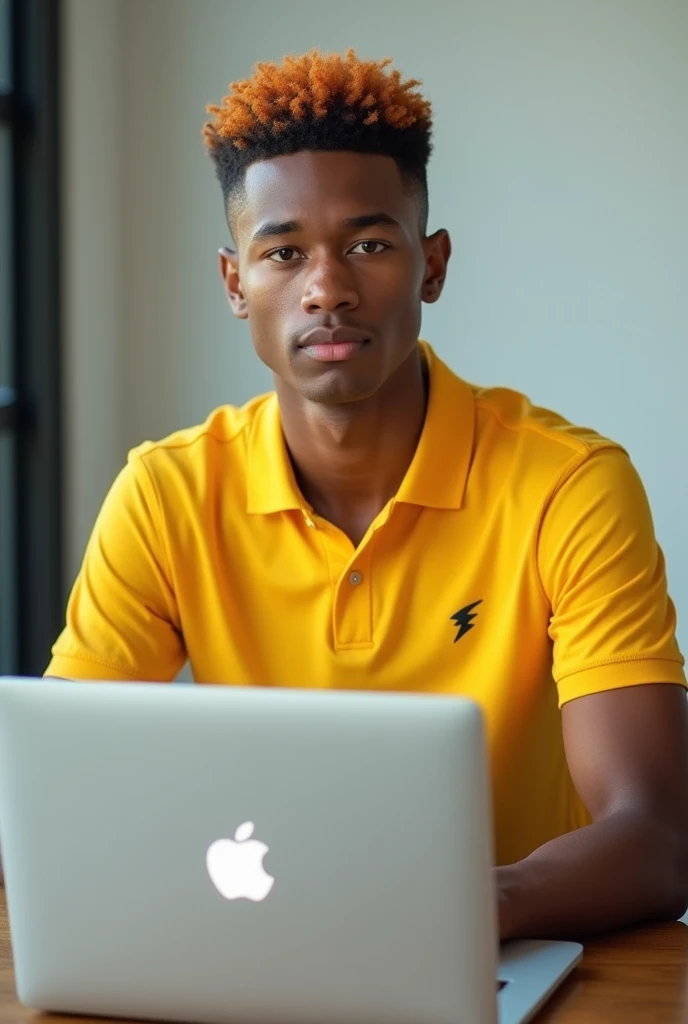 Young man with short gradient hair in yellow polo shirt with small lightning bolt logo on chest with his Apple notebook looking at camera