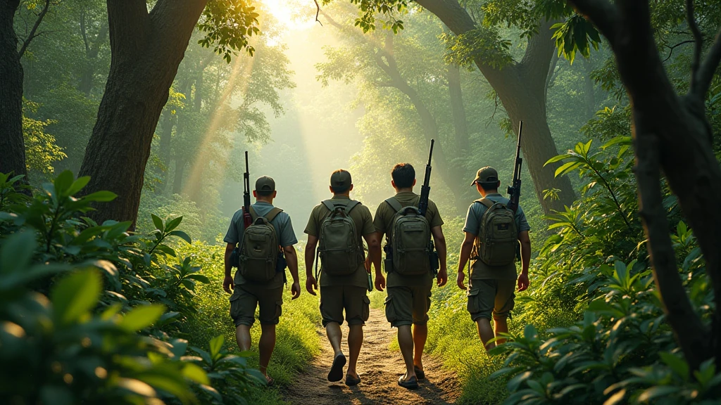 Four Thai hunters 40 year-old walking in the forest in the noon and on their hand is holding guns and on their back with backpack looking from above 8k