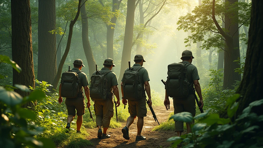 Four Thai hunters 40 year-old walking in the forest in the noon and on their hand is holding guns and on their back with backpack looking from above 8k