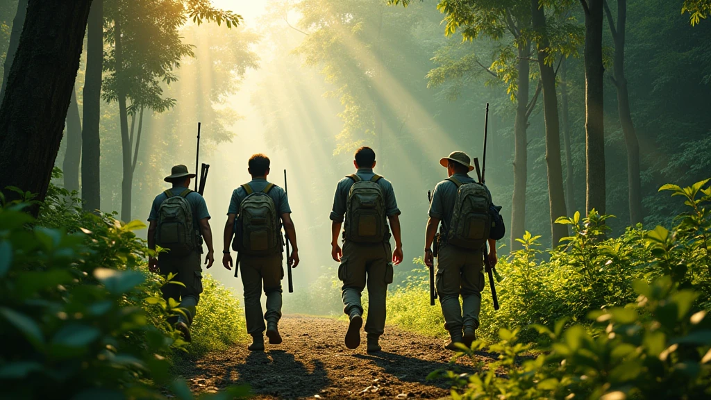 Four Thai hunters 40 year-old walking in the forest in the noon and on their hand is holding guns and on their back with backpack looking from above 8k