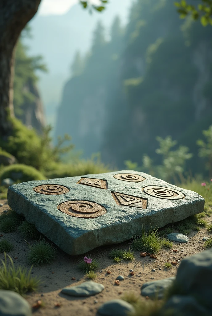 rectangular horizontal stone slate with 6 symbols. Mistic, natural nation, magic, rune, rectangular, estilo cartoon estilizado 3D, stylized 3D