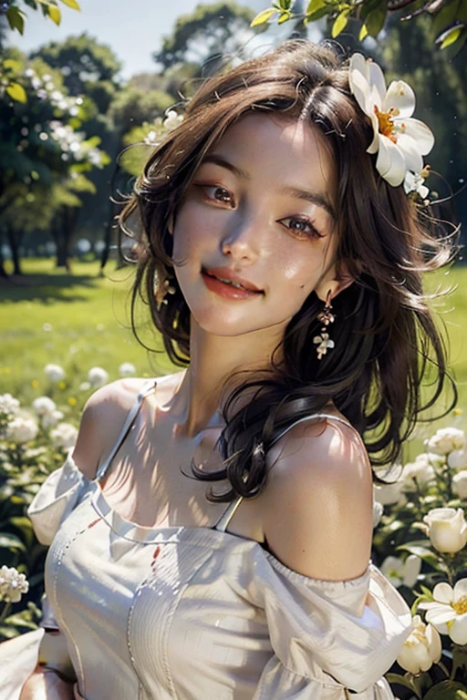 Best quality, masterpiece, ultra high res, (photorealistic:1.4), raw photo, 1girl, white dress, off shoulder, blossom flower field, glowing skin, light smile