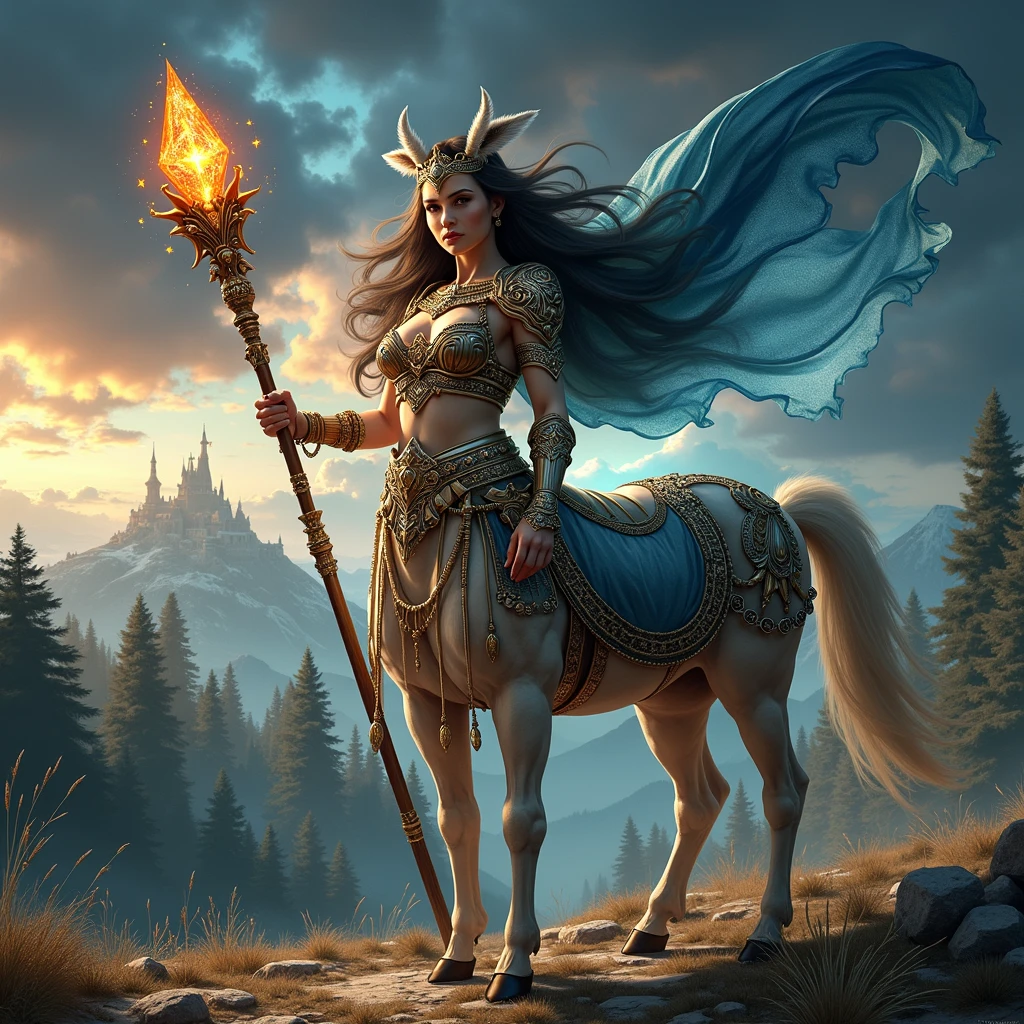 Epic digital art, beautiful white female centaur sorceress, holding an ornate staff with glowing crystal on top, wearing an intricate jeweled crown, extravagant plate armor, ornate cloak, casting big fireball in the cloudy sky, sunset, mountains, magic city nearby, exotic trees, winter.