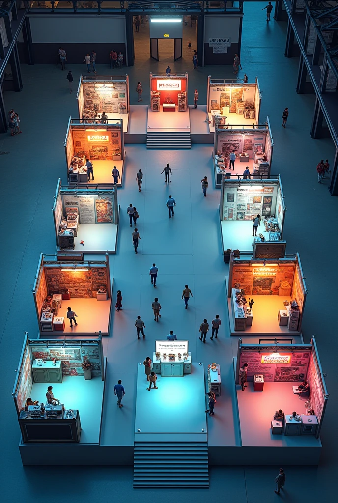 Creative layout of a trade fair with 10 stands, aerial view image, distributed in a rectangle, with entrance and two stairs