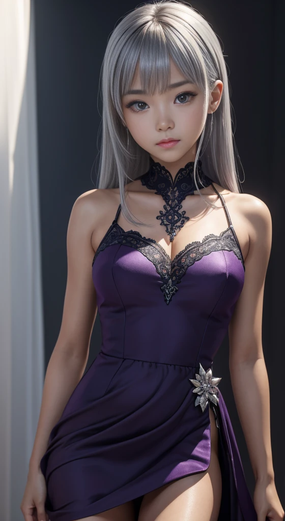 an upper body shot, adorable appearance, baby face, dark skin, Ultra-detailed and intricate 3D rendering of a beautiful anime character, Beautiful soft studio light, Rim Light, Vivid details,Gorgeous, race, Ultra-realistic, Silver Hair, bangs, Ultra-realisticな中世の世界で親密な部分を表現, a 10 years girl, in a dark purple dress, baby face, uhd, masterpiece, accurate, anatomically correct, textured skin, super detail, high details, high quality, highres, best quality, 16K