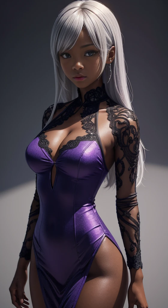 an upper body shot, adorable appearance, baby face, dark skin, Ultra-detailed and intricate 3D rendering of a beautiful anime character, Beautiful soft studio light, Rim Light, Vivid details,Gorgeous, race, Ultra-realistic, Silver Hair, bangs, Ultra-realisticな中世の世界で親密な部分を表現, a 10 years girl, in a dark purple dress, baby face, uhd, masterpiece, accurate, anatomically correct, textured skin, super detail, high details, high quality, highres, best quality, 16K