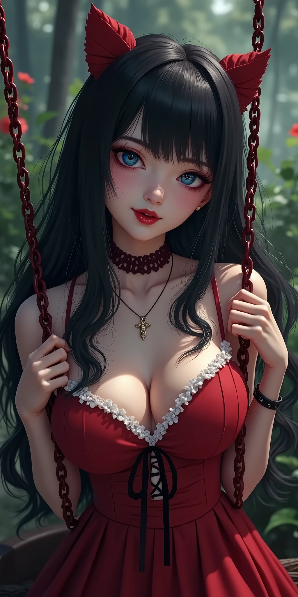 (best quality, ultra-detailed, photorealistic: 1.39), bright and vibrant colors, studio lighting, romantic expression, An effeminate girl, with a delicate and beautiful face. She is a girl who reflects seductive beauty, sparkling eyes, k-pop makeup, k-pop punk style, woman, A Beautiful and adult woman and voluminous dark gothic black hair, pale skin because she is a dark vampire, crying a seductive 2 woman with big breasts seduces, matches the gothic makeup, pleasurable sadistic expression, with her large breasts seduces, gothic style dark gothic dark crimson red dress, with white tones in the fabric, high collar, k-pop goddess, blurred dark gothic makeup, chained, with her blue eyes that matches her sadistic smile, in a beautiful pose demonstrating her seduction in a dark, nervous garden, swing in the setting and fountain, with soft lighting, anime style, like a manwha character