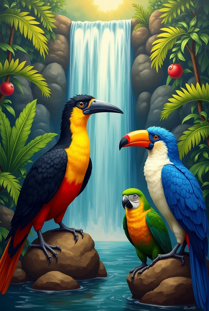 mural with troupial bird and barranquero bird, green parrot and waterfall different design