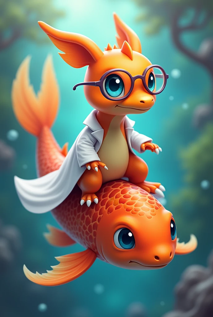 baby charizard with blue eyes, lab coat, glasses on an animated koi fish