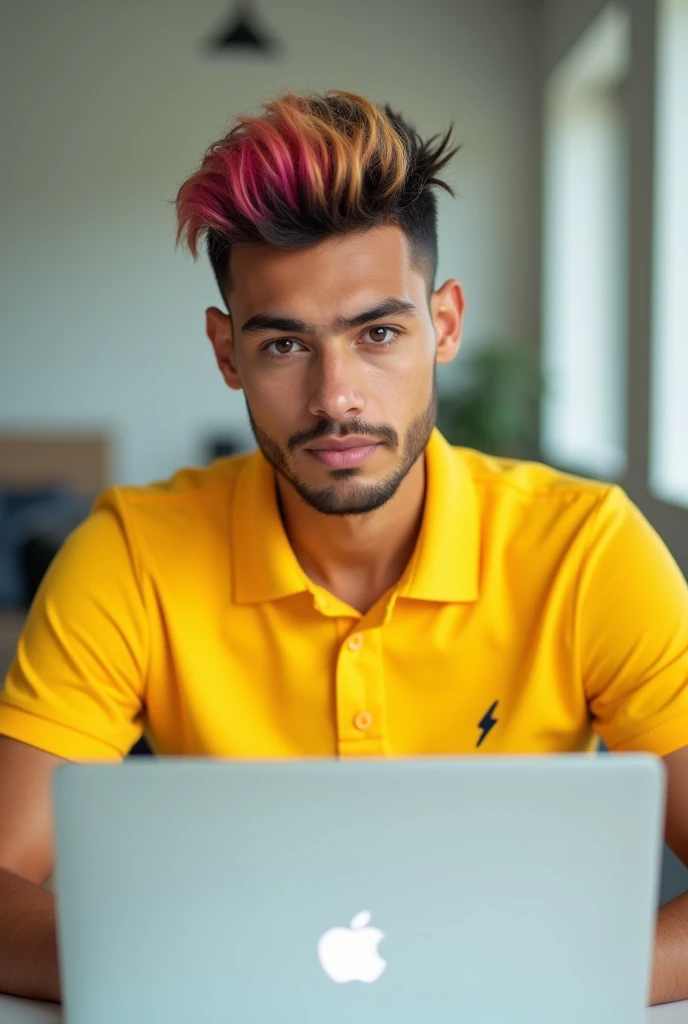 Young man with short gradient hair in yellow polo shirt with small lightning bolt logo on chest with his Apple notebook looking at camera