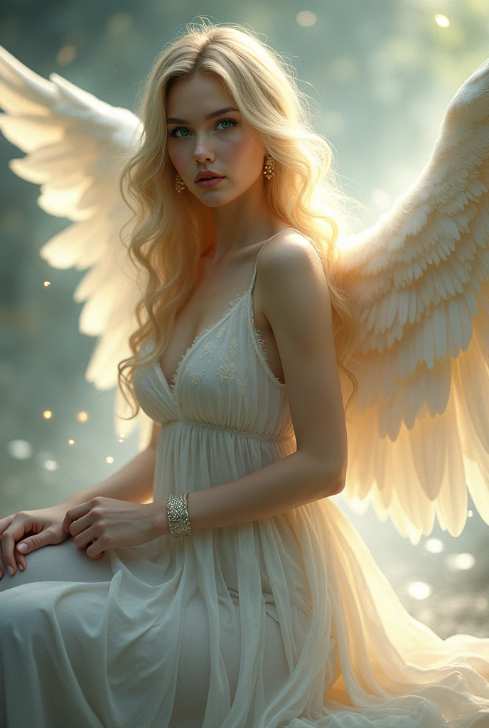 high quality, highly detailed, Imagine a dreamlike scene with a beautifull female angel, she have Golden blonde hair and white longe wings. Longe silver dress and she have powerfull aura, she have Green eyes and gently aspect, Celestia. Full body portrait