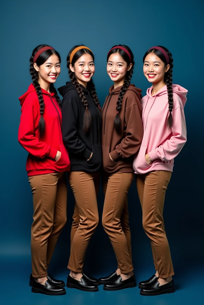 Create a full body four beautiful Thai women's 2 , smiling wearing a red/black/brown/pink hoodie and say's written "Rachel/ahya/Zilla/Jessica " brown cargo pants black beautiful shoes, black long hair braids with brown headband, posting a dark blue background, looking at the camera. Photography.