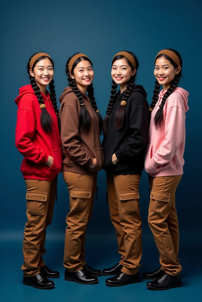 Create a full body four beautiful Thai women's 2 , smiling wearing a red/black/brown/pink hoodie and say's written "Rachel/ahya/Zilla/Jessica " brown cargo pants black beautiful shoes, black long hair braids with brown headband, posting a dark blue background, looking at the camera. Photography.