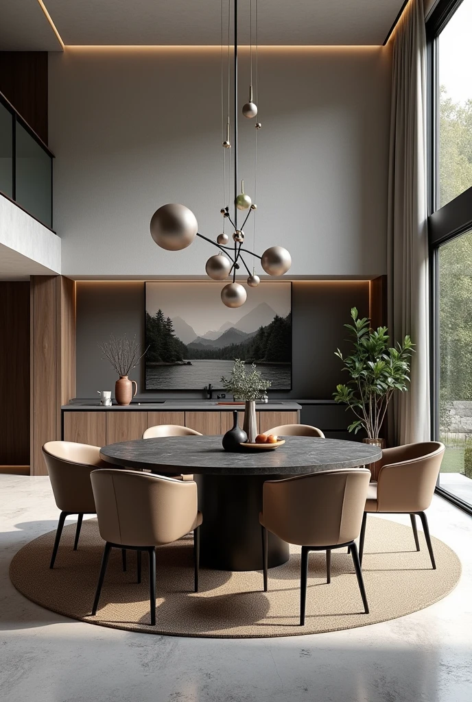 Professional 3d architecture rendering design of modern  dining room with very dark beige 6 chairs and  modern black slab stone  Circular table  and  modern  so  modern black wooden consulate and modern windows and complete showing kitchen and beautiful and modern painting wall  and modern windows and showing complete dining room  and light gray stone for floor and elegant carpet 
