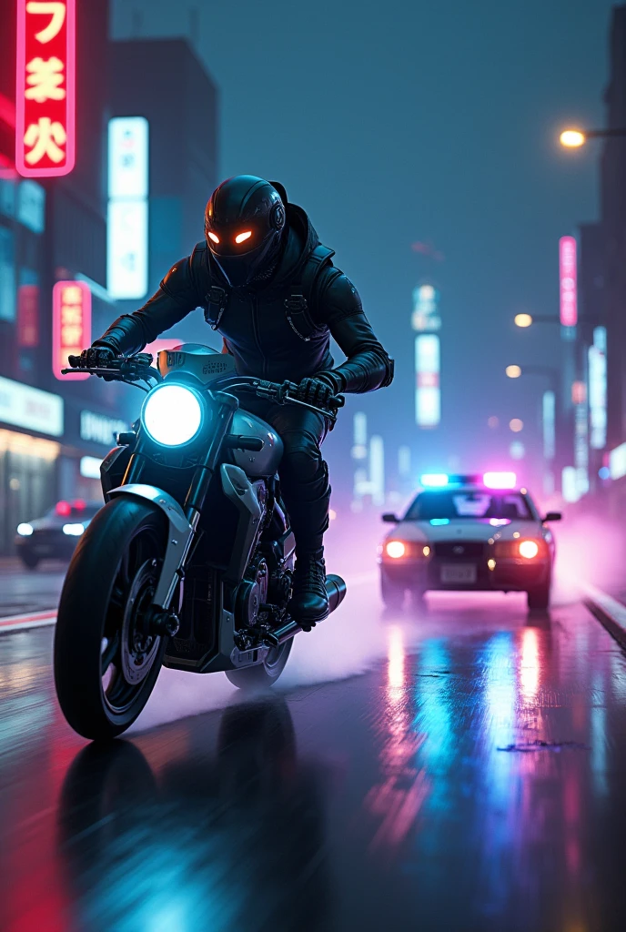 Generate biker image robotic escaping from police at night high speed big helmet effect on helmet. Show police car chasing him and he is looking back at them mocking them with a hand gesture generate from cop point of view