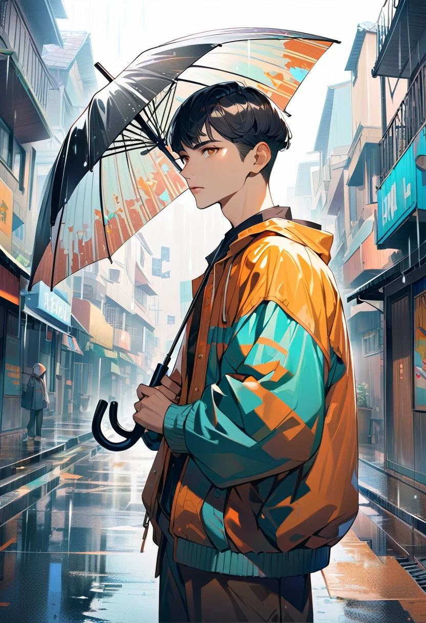 1man, solo, crew cut, black Hair, brown eyes, light lips, 25years old, expressionless, (he's holding an umbrella:1.3), standing, raining, residential area with sunshine, cowboy shot, The illustration is in high definition at 4k resolution, with highly-detailed facial features and cartoon-style visuals