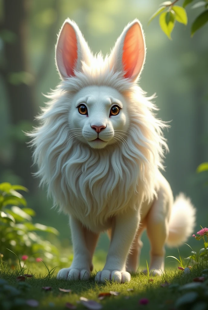 lion body, rabbit skin and face of rabbit with hair of lion color white