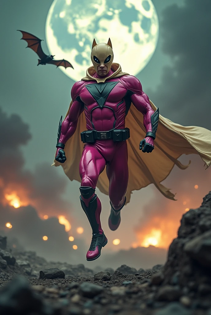 Malaysia man in high-tech suit, vivid effects, malaysian superhero (KELUANG MAN) in a striking pink and brown beige costume cyberpunk design((, mask small mini bat ear beige,)) daredevil beige mask, jumpsuit dark pink stands confidently in a dramatic.jumping from high place.hero costume.one hand rise up. (Big triangle logo on the chest.high detail Punisher logo on the chest)). jumping from hight place. Fighting pose , stormy landscape. ((Head covered node guard like batman. Running pose , athletic body type, small mini ear bat mask))The character wears domino mask a helmet with pointed mini torn ears and a flowing cape biege, open nose and mouth. Equipped with visible futuristic weapons on a belt,bullet proof jacket pink dark day.show fingers pose, dark night, big supermoon effect . Small logo on chest triangle shape small ((mitch gerads punisher ))logo center triangle cyber logo center on chest pink logo mini logo . rocky. Building top.smoke ground , bomb effect background, losse pants, losses costume.adding to --ar 3:4 --style raw --stylize 500 --v 6.1. chaos. Lot of small flying bat. One leg on the high stone. Man. Backpack . Real man age 40 year old. One hand holding belt. Jump from high place. Open cape.old school design