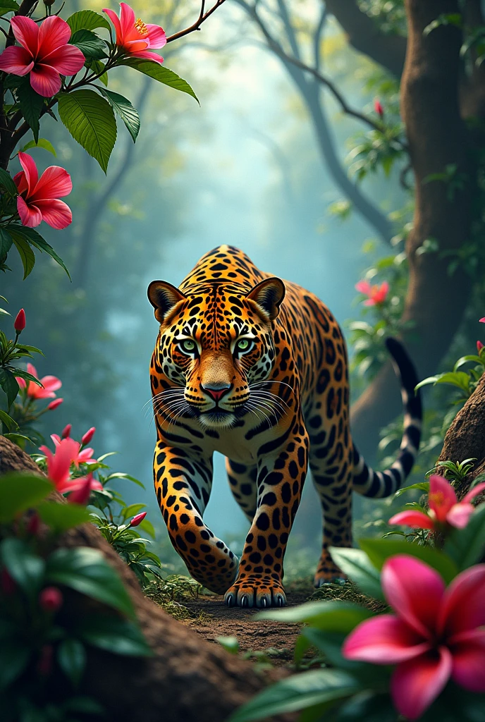 Jaguar in the jungle with many flowers lying on a branch