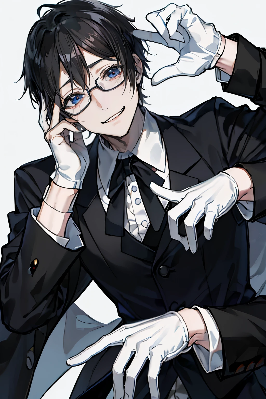 (Mastepiece)、(Best Quality)、Very detailed、((One man:1.5))、Perfect Face、Beautiful Face、Very detailedな顔、(Black Hair:1.3)、Black butler uniform、Glasses、(White gloves:1.3)、Smiling face