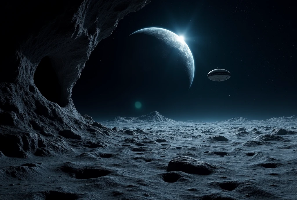 image of the moon&#39;s surface in dark starry outer space with an alien spaceship emerging from a dark cave on the moon&#39;s surface. , PLANET EARTH SHINING ON THE HORIZON IN THE DISTANCE AS REALISTIC AS POSSIBLE, as detailed as possible