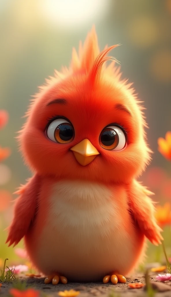 HD images, animation of red baby bird, soft hair, cute faces, colorful background, no blurring, highly detailed