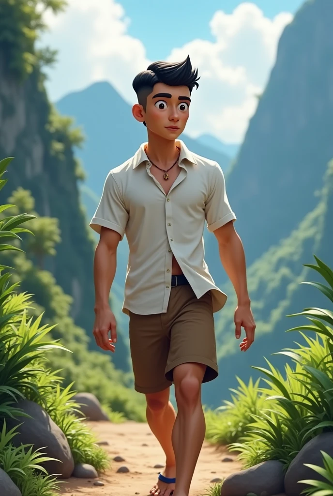 ager,Diamond face shape,Have muscles,Black french crop hairstyle,Thai person,Brown shorts,white shirt,Release the hem.,Walking on the mountain