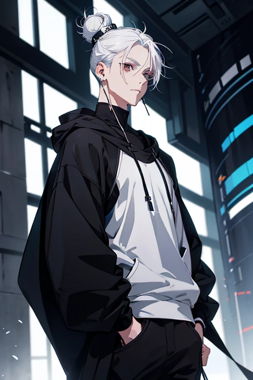 Anime man gradient young white hair short shaved sides flip hair bun to left side in middle serious face with black earrings black sweatshirt speed jeans futuristic clothes black dark circles big black hair big brown hair extremely futuristic clothes futuristic clothes skinny sweatshirt black jeans male cloak that covers the shoulders