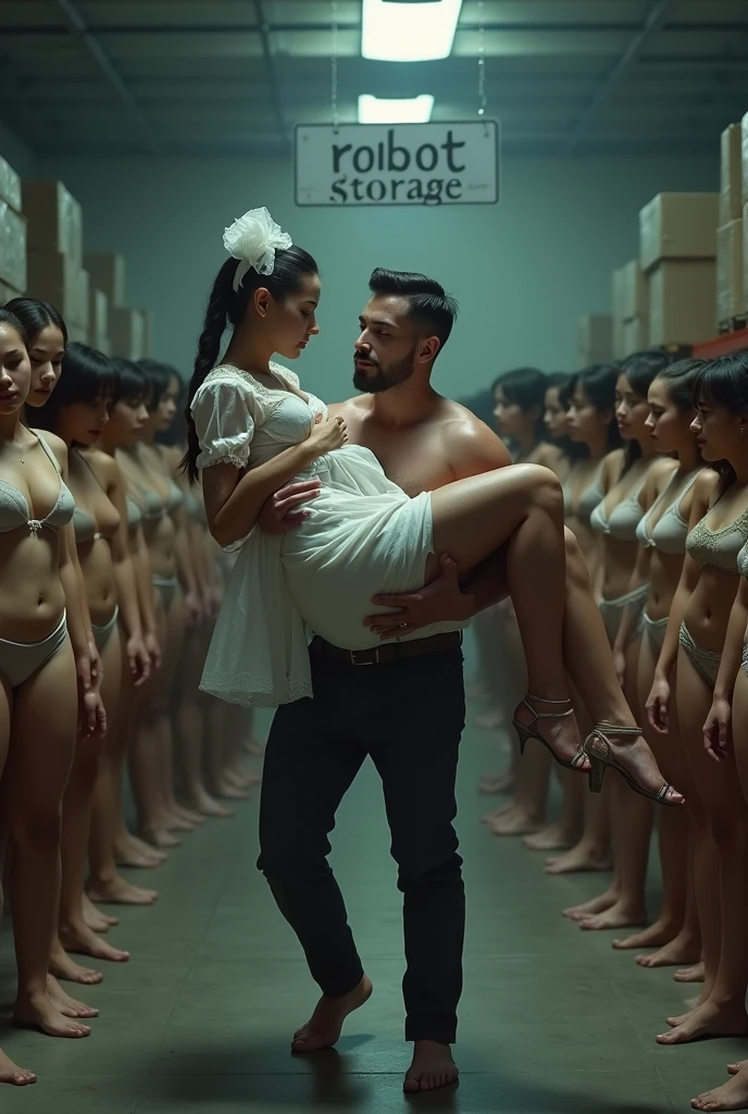 in a warehouse, A man is standing on the ground, carrying and lifting in his arms a beautiful young adult European brown hair woman in y sleeping maid outfit , Her body is wrapped in plastic and she has a gift bow on her head., The woman's body is stretched out and is on the ground, Full body view, Behind and near them are several rows of beautiful European and Asian women in sexingerie standing with their eyes closed, There is a sign hanging that says "ROBOT STORAGE", Excellent lighting, hyperrealistic quality image, high resolution