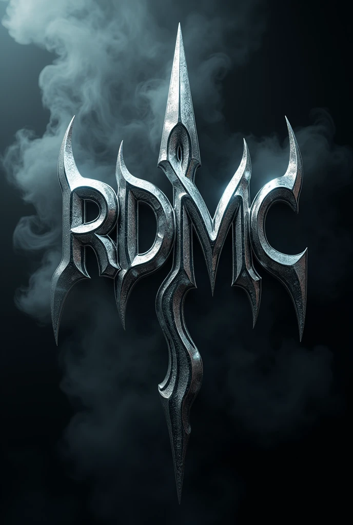 Capital letters ( RDMC ) in shiny chrome metallic texture type blades, in exaggerated gothic style, floating on a black background with lots of smoke