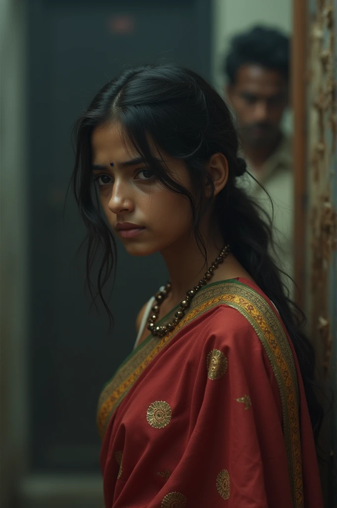 indian cute girl in saree and sadness in face back side man bad touch