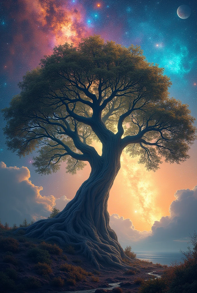 Beautiful tree with spreading and long branches on colorful stars and galactic background image for horizontal mosaic divided into 4 square
