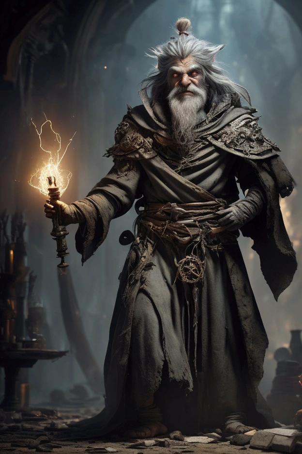 Create an image of Heliot, a powerful and eccentric gnome alchemist. He has a disheveled appearance, with wild, unkempt hair streaked with grey, and deep-set eyes that reveal both his brilliance and the madness taking over his mind. Despite his growing insanity, Heliot has amusing, exaggerated facial features that give him a quirky, almost comical look, like a large nose and a mischievous grin. He wears a tattered, once-elegant robe adorned with alchemical symbols, some of which are glowing faintly. He holds a large, ancient grimório that appears slightly sentient, with a subtle aura around it, and Heliot is gazing at it intensely. The background shows the remnants of a laboratory with shattered glass, overturned tables, and mysterious glowing substances, hinting at the recent explosion. The atmosphere on the medieval moody, with a sense of chaos and unraveling sanity.