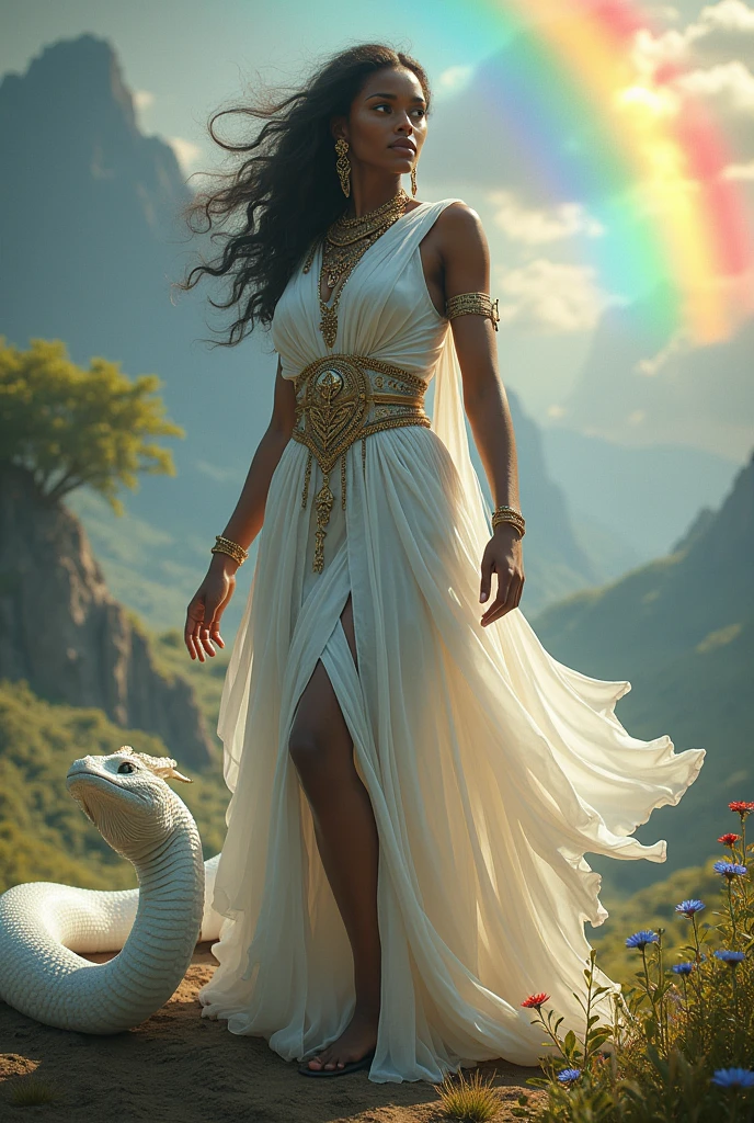 Create an image of an African warrior goddess wearing white and standing with a white serpent, and have a rainbow in the image