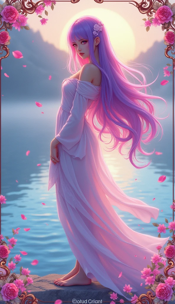 full body view，fantasy anime characters，pastel painting，Colorful，Delicate brushwork，Japanese art，dynamic art，Oriental beauty，Bangs that are too long cover the eyes，Purple pink white long hair，Unparalleled beauty that seduces everyone，The background is a Mucha art style border，At the lakeside in the morning，The Darkest Light，Flying petals，Exquisite decorative border，Simple transparent fluorescent flowers，Mystery，Aesthetics，fauvism，Add a little watercolor