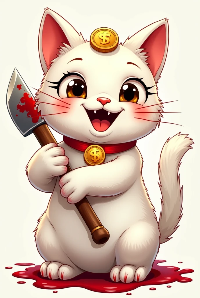 lucky cat,White in color and the typical golden coin on the head. The cat is lively./drawing
El gato tiene una acha en la mano y su cara es esclofriante
El gato tiene sangre en sus patas
Animado/drawing