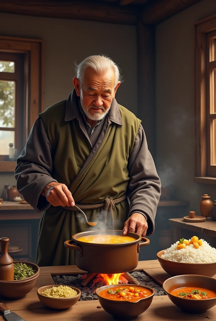Elder little Bhutanese brother preparing porridge, chilli cheese curry with rice