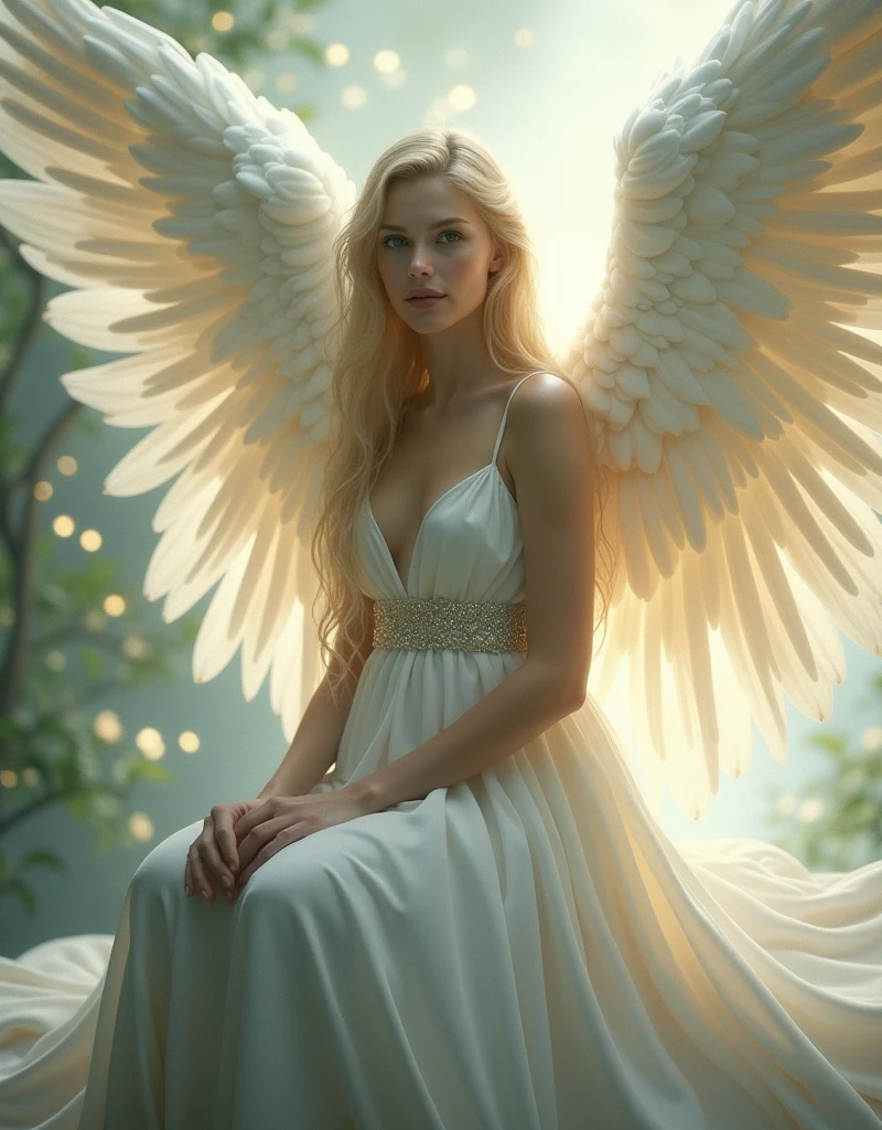 high quality, highly detailed, Imagine a dreamlike scene with a beautifull female angel, she have Golden blonde hair and white longe wings. Longe silver dress and she have powerfull aura, she have Green eyes and gently aspect, Celestia. Full body portrait