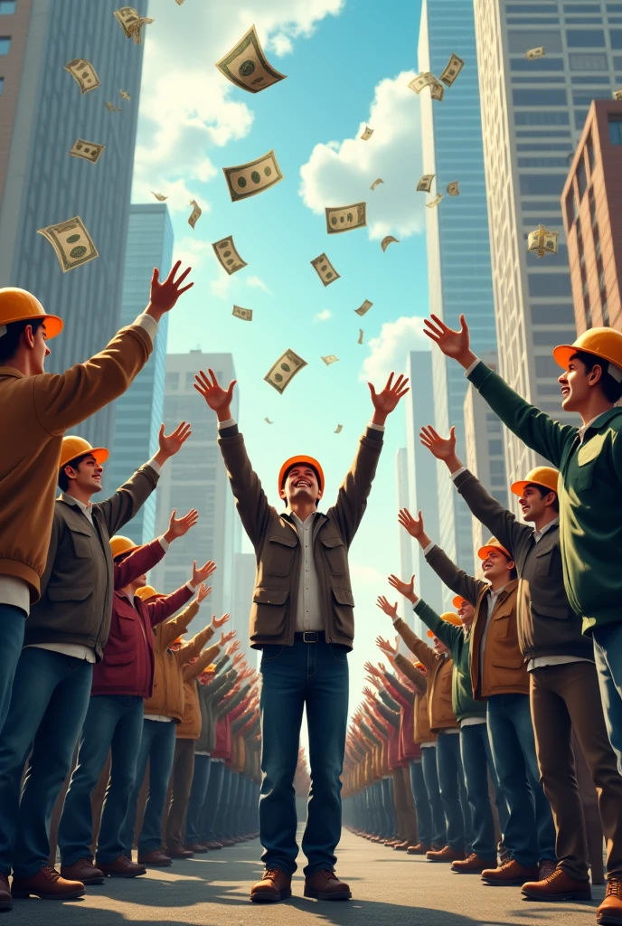 Working men and women smile happily, look up, spread their arms, wait to receive money, with a lot of money falling from the sky in the middle of a big city.