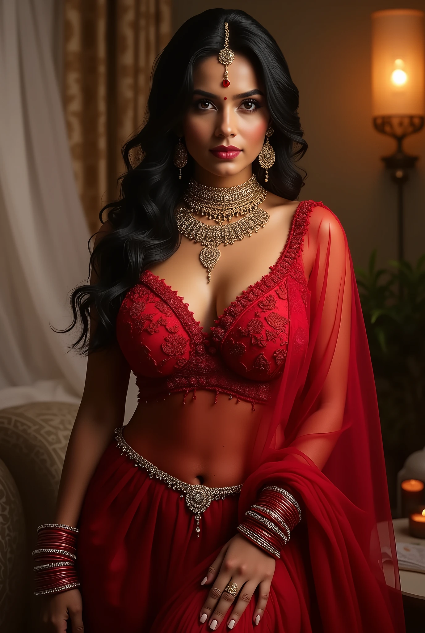 Indian y Bhabhi ,with big booearing red hot transparent frock,Red Sindur , Honeymoon red bangles,Stud chain earrings,Forehead Pendant ,Long gold Mangalsutra,4 gold Necklace, Diamond ear pin ,Gold Armlet,gold waist chain ,full photo, looking straight 